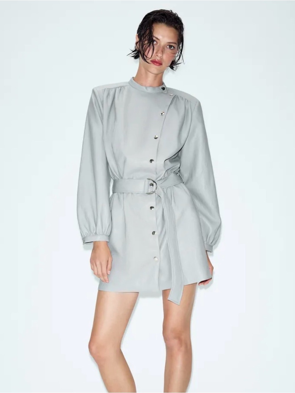 Pleather Effect belted Minidress with Snaps - Picture 2 of 8